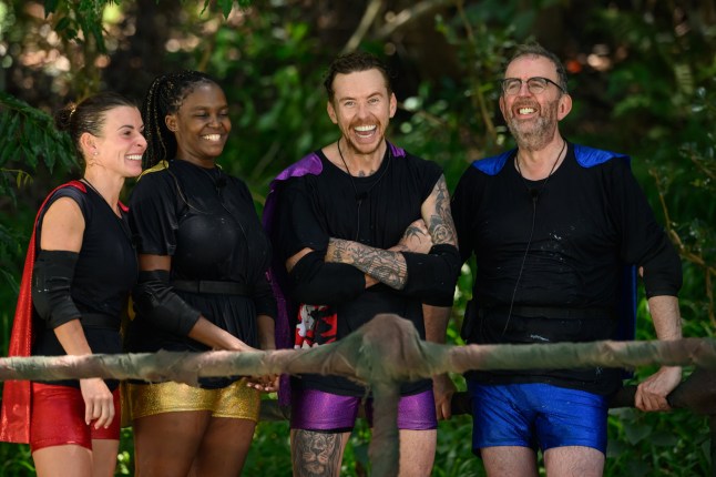 Coleen Rooney, Oti Mabuse, Danny Jones and Richard Coles laughing during Celebrity Cyclone on I'm A Celebrity 2024