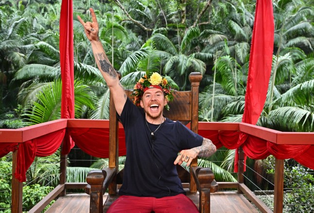 Danny Jones sitting in his I'm a Celebrity... Get Me Out Of Here! throne wearing a crown of flowers after winning the ITV show