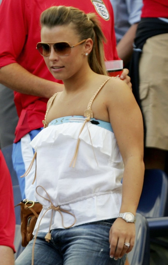 FRANKFURT, GERMANY - JUNE 10: Coleen McLoughlin, the girlfriend of Wayne Rooney attends the FIFA World Cup Germany 2006 Group B match between England and Paraguay at the Stadium Frankfurt on June 10, 2006 in Frankfurt, Germany. (Photo by Ross Kinnaird/Getty Images)