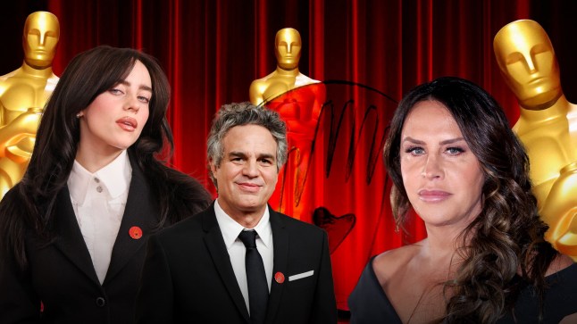 Billie Eilish, Mark Ruffalo and Karla Sofia Gascon super-imposed onto a backdrop with a red curtain and Oscar statuettes