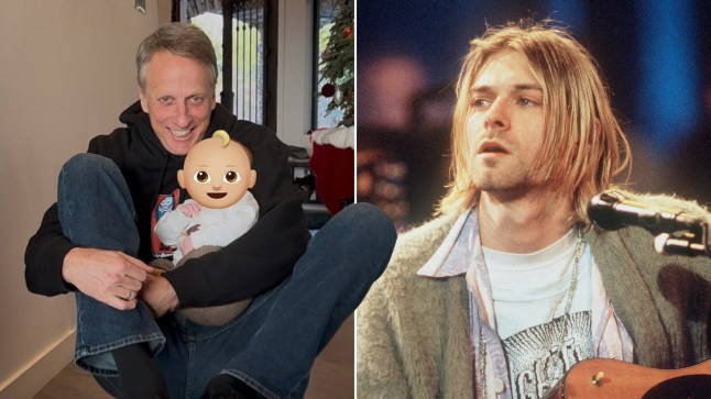 Tony Hawk holding grandson (L). Throwback picture of Kurt Cobain (R)