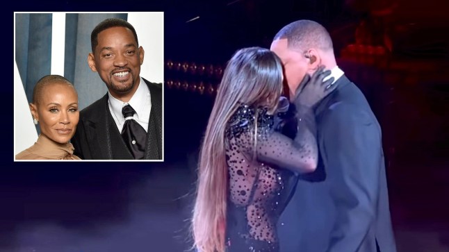 Will Smith appears to share a kiss with India Martinez onstage during a performance, and him and wife Jada Pinkett Smith pictured together inset