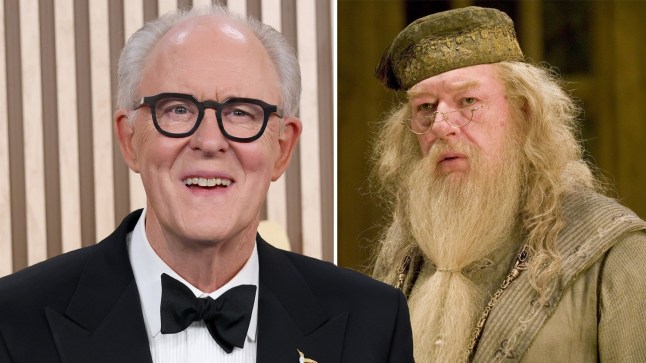 John Lithgow wearing a tuxedo next to Richard Harris as Albus Dumbledore in Harry Potter