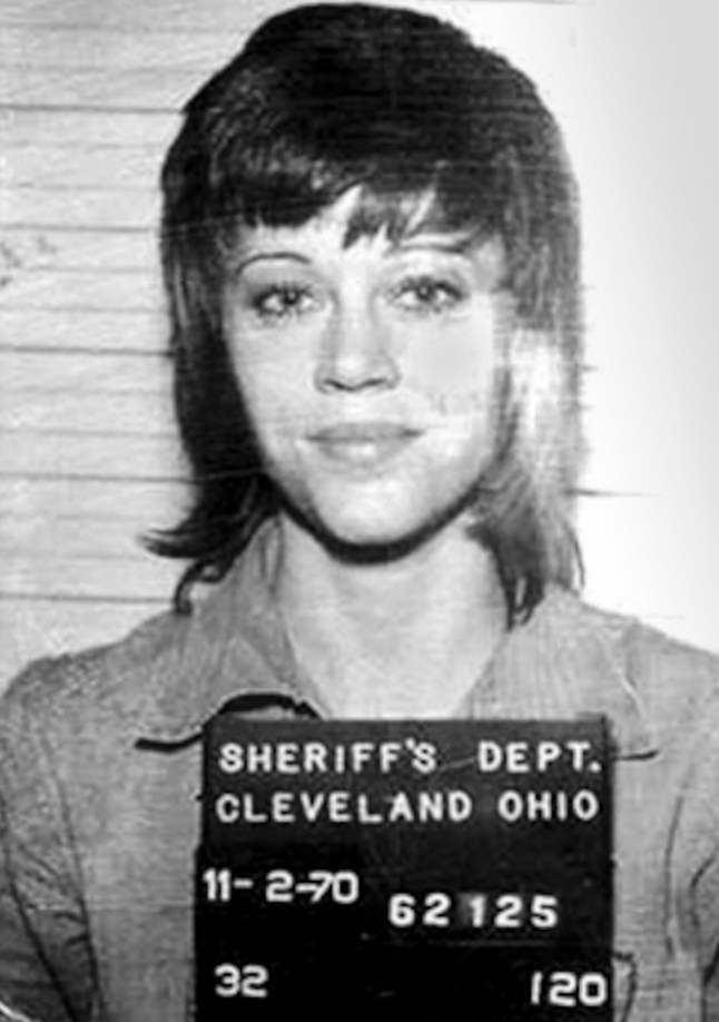 In this handout, American actress, writer, producer, political activist Jane Fonda in a mug shot following her arrest, Cleveland, Ohio, US, 2nd November 1970. (Photo by Kypros/Getty Images)