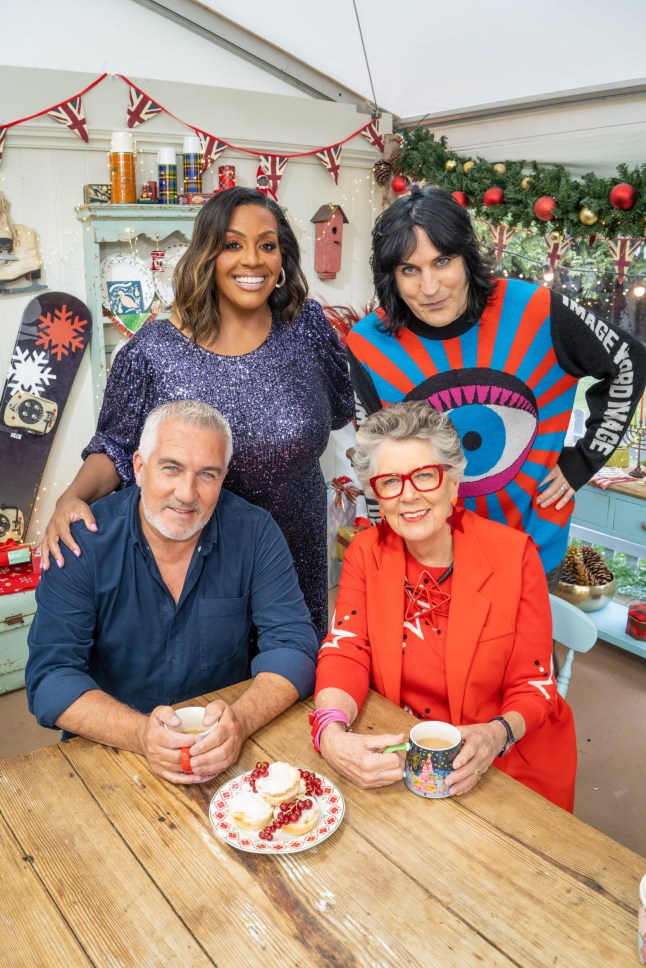 MANDATORY CREDIT: Channel 4/Love Productions/Mark Bourdillon Undated handout photo issued by Channel 4/Love Productions of hosts (back) Alison Hammond and Noel Fielding with judges (front) Paul Hollywood and Prue Leith on The Great Christmas Bake Off 2024. Issue date: Tuesday December 24, 2024. PA Photo. See PA story SHOWBIZ BakeOff. Photo credit should read: Channel 4/Love Productions/Mark Bourdillon NOTE TO EDITORS: This handout photo may only be used for editorial reporting purposes for the contemporaneous illustration of events, things or the people in the image or facts mentioned in the caption. Reuse of the picture may require further permission from the copyright holder.