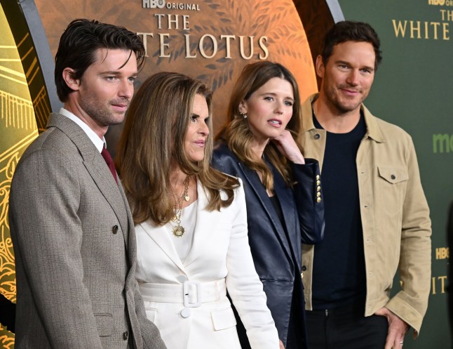 Mandatory Credit: Photo by Lisa/AFF-USA/Shutterstock (15144088cx) Patrick Schwarzenegger, Maria Shriver, Katherine Schwarzenegger and Chris Pratt 'The White Lotus' Season 3 premiere, Los Angeles, California, USA - 10 Feb 2025