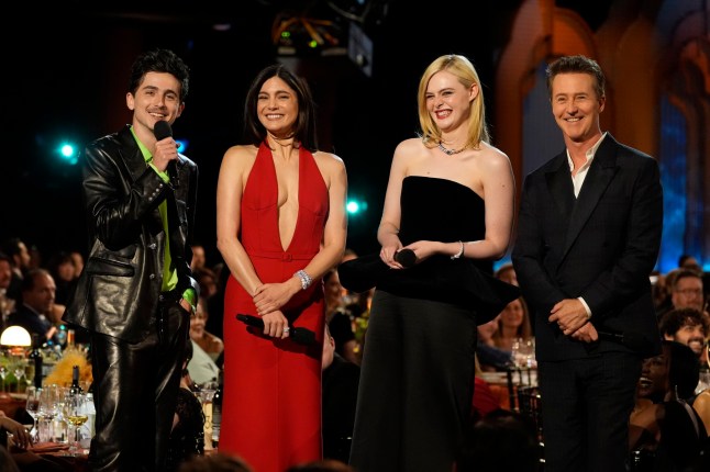Timothee Chalamet, from left, Monica Barbaro, Elle Fanning, and Edward Norton speak about "A Complete Unknown" during the 31st annual Screen Actors Guild Awards on Sunday,