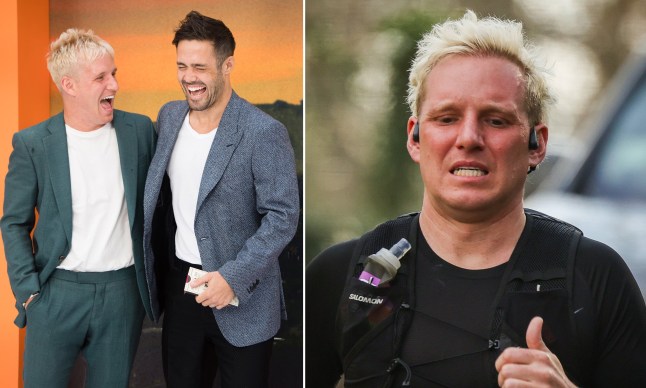 Jamie Laing and Spencer Matthews laughing and looking pally next to Jamie running his ultramarathon