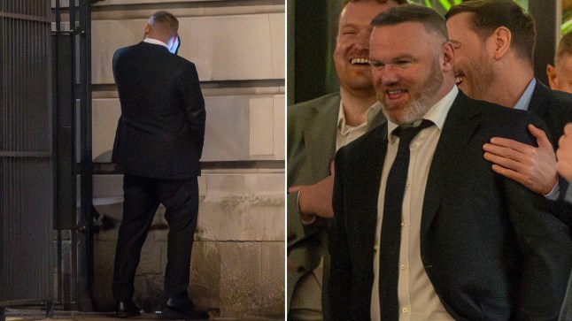 Wayne Rooney wees against wall in front of passersby on London night out, and is seen with pals outside the venue