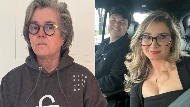 A compilation image of Rosie O'Donnell appearing sad and of her son Blake O'Donnell with his wide Teresa posing for a selfie in a car
