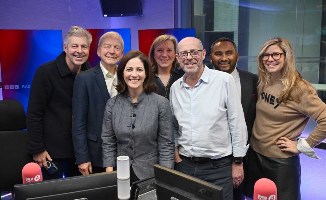 For use in UK, Ireland or Benelux countries only BBC handout photo of BBC Radio 4 Today programme presenter Mishal Husain with her fellow presenters during her final show with the corporation. Picture date: Tuesday December 17, 2024. PA Photo. Photo credit should read: Jeff Overs/BBC/PA Wire NOTE TO EDITORS: Not for use more than 21 days after issue. You may use this picture without charge only for the purpose of publicising or reporting on current BBC programming, personnel or other BBC output or activity within 21 days of issue. Any use after that time MUST be cleared through BBC Picture Publicity. Please credit the image to the BBC and any named photographer or independent programme maker, as described in the caption.