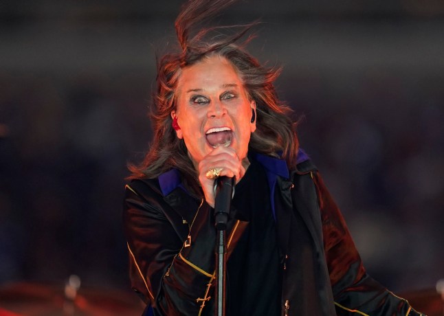 FILE - Singer Ozzy Osbourne performs during halftime of an NFL football game between the Los Angeles Rams and the Buffalo Bills in Inglewood, Calif., on Sept. 8, 2022. (AP Photo/Ashley Landis, File)
