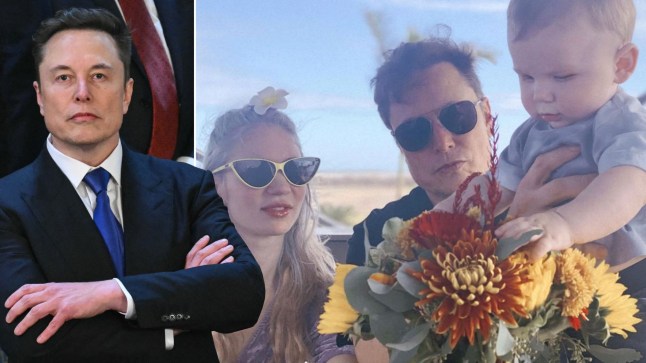 A compilation image of Elon Musk posing with his arms folded, and with Grimes holding one of their children