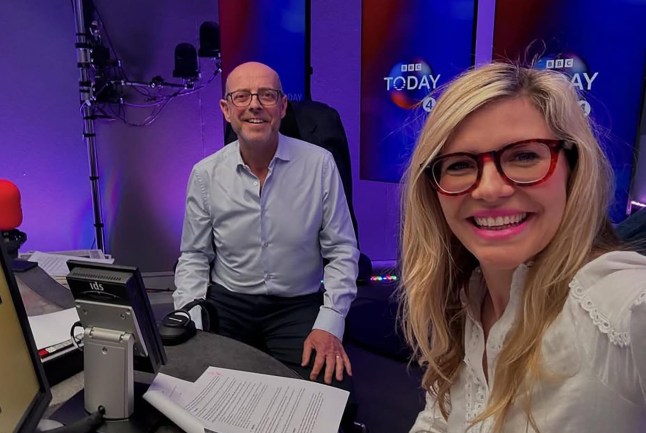 Nick Robinson and Emma Barnett smile together for a selfie in the Today programme studios at BBC Radio 4