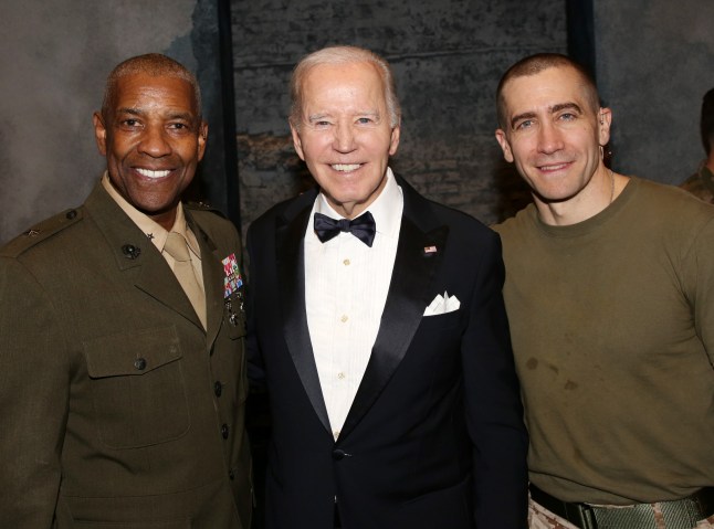NEW YORK, NEW YORK - MARCH 23: (L-R) Denzel Washington, Former U.S. President Joe Biden and Jake Gyllenhaal attend the opening night of "Othello" on Broadway at The Barrymore Theatre on March 23, 2025 in New York City. (Photo by Bruce Glikas/WireImage)