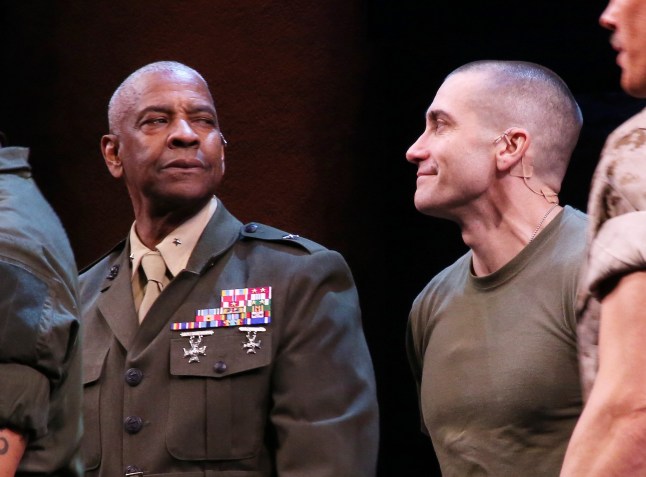 NEW YORK, NEW YORK - MARCH 23: Denzel Washington and Jake Gyllenhaal during the opening night curtain call for "Othello" on Broadway at The Barrymore Theatre on March 23, 2025 in New York City. (Photo by Bruce Glikas/WireImage)