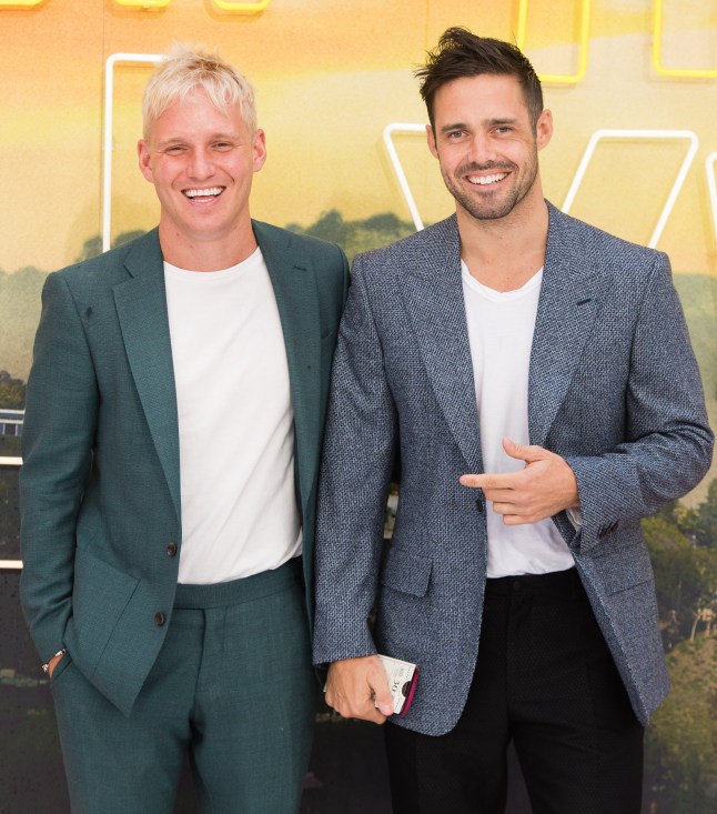 LONDON, ENGLAND - JULY 30: Jamie Laing and Spencer Matthews attend the "Once Upon a Time... in Hollywood" UK Premiere at Odeon Luxe Leicester Square on July 30, 2019 in London, England. (Photo by Samir Hussein/WireImage)