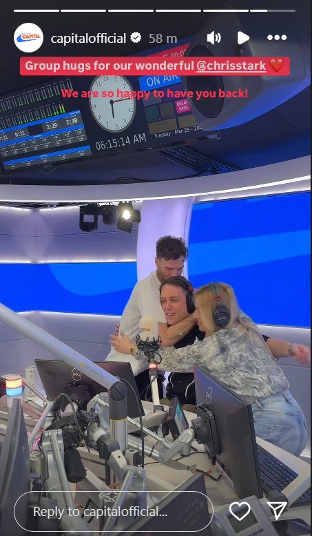 Capital Breakfast host Chris Stark, 38, was supported by his co-stars as he made an emotional return to the airwaves on Tuesday amid his secret cancer battle. The radio star revealed he is battling testicular cancer as he explained his absence from his radio show in a shock health update on Monday. And just a day after breaking the news to fans, Chris could be seen sharing a sweet hug with Jordan North and Sian Welby in a video shared to Capital's official Instagram page.