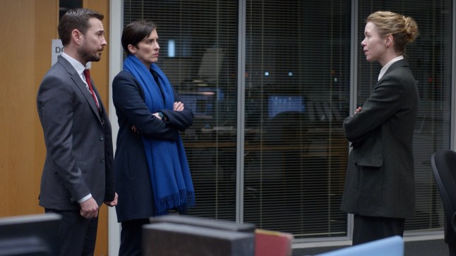 Anna Maxwell Martin in her role as Detective Chief Superintendent Patricia Carmichael, with Martin Compston and Vicky McClure in Line of Duty