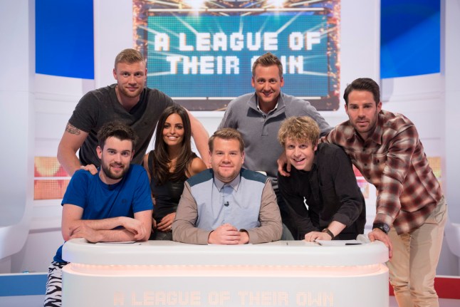 Television Programme: A League of Their Own with golfer Ian Poulter, comedian Josh Widdicombe and presenter Olivia Wayne Join host actor James Corden and host regulars footballer Jamie Redknapp, presenter Jack Whitehall and cricketer Freddie Flintoff. A League of Their Own - Series 09 RX01 ?Justin Downing for SKy 1 25.11.14