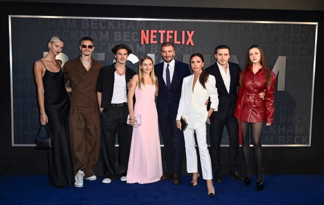 : (L-R) Mia Regan, Romeo Beckham, Cruz Beckham, Harper Beckham, David Beckham, Victoria Beckham, Brooklyn Peltz Beckham and Nicola Peltz Beckham attend the Netflix 'Beckham' UK Premiere