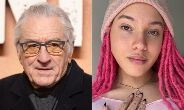 Robert De Niro in all-black at a premiere, and Airyn De Niro with bright pink locs, posing in a baby pink beanie