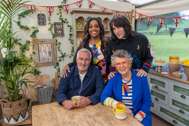 MANDATORY CREDIT: Channel 4/Love Productions/Mark Bourdillon Undated handout photo issued by Channel 4/Love Productions of hosts Alison Hammond and Noel Fielding (back row) with judges Paul Hollywood and Prue Leith on episode 3 of series 15 of The Great British Bake Off. Issue date: Tuesday October 8, 2024. PA Photo. See PA story SHOWBIZ BakeOff. Photo credit should read: Channel 4/Love Productions/Mark Bourdillon/PA Wire NOTE TO EDITORS: This handout photo may only be used in for editorial reporting purposes for the contemporaneous illustration of events, things or the people in the image or facts mentioned in the caption. Reuse of the picture may require further permission from the copyright holder.
