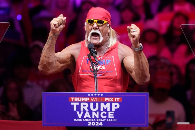 Hulk Hogan speaks before Republican presidential nominee former President Donald Trump at a campaign rally at Madison Square Garden, Sunday, Oct. 27, 2024, in New York. (AP Photo/Evan Vucci)