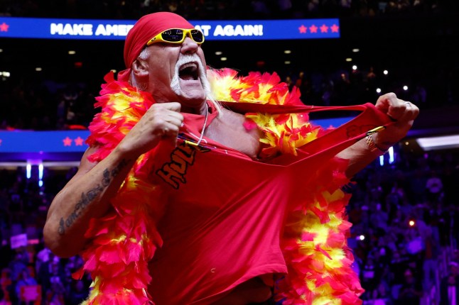 NEW YORK, NEW YORK - OCTOBER 27: Hulk Hogan takes the stage during a campaign rally for Republican presidential nominee, former U.S. President Donald Trump at Madison Square Garden on October 27, 2024 in New York City. Trump closed out his weekend of campaigning in New York City with a guest list of speakers that includes his running mate Republican Vice Presidential nominee, U.S. Sen. J.D. Vance (R-OH), Tesla CEO Elon Musk, UFC CEO Dana White, and House Speaker Mike Johnson, among others, nine days before Election Day. (Photo by Anna Moneymaker/Getty Images) ***BESTPIX***