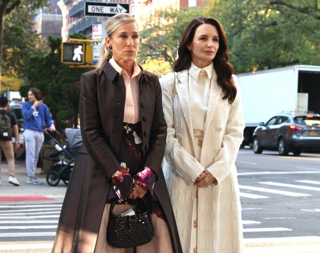 NEW YORK, NY - OCTOBER 22: Sarah Jessica Parker and Kristin Davis are seen on the set of "And Just Like That..." on October 22, 2024 in New York City. (Photo by Jose Perez/Bauer-Griffin/GC Images)