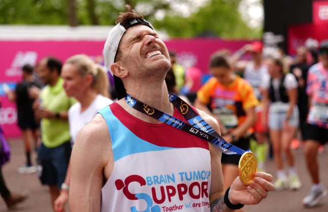 Joel Dommett after crossing the finish line during the TCS London Marathon. Picture date: Sunday April 27, 2025. PA Photo. See PA story ATHLETICS London Photo credit should read: John Walton/PA Wire. RESTRICTIONS: Use subject to restrictions. Editorial use only, no commercial use without prior consent from rights holder.