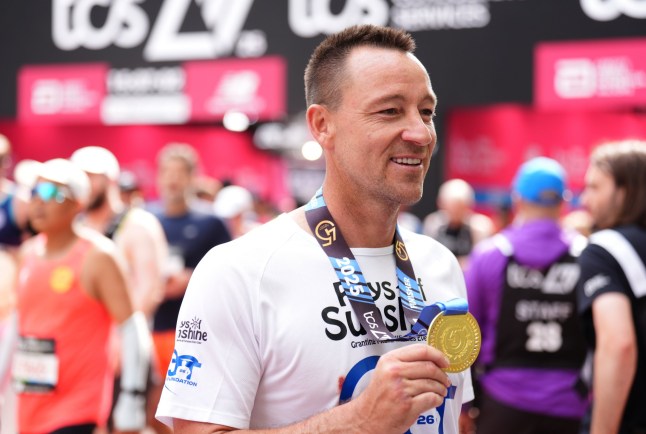 John Terry after crossing the finish line during the TCS London Marathon. Picture date: Sunday April 27, 2025. PA Photo. See PA story ATHLETICS London Photo credit should read: John Walton/PA Wire. RESTRICTIONS: Use subject to restrictions. Editorial use only, no commercial use without prior consent from rights holder.