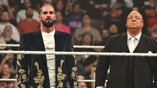 KANSAS CITY, MISSOURI - APRIL 28: Seth Rollins, Paul Heyman and Bron Breakker after the match during Monday Night RAW at T-Mobile Center on April 28, 2025 in Kansas City, Missouri. (Photo by Michael Marques/WWE via Getty Images)