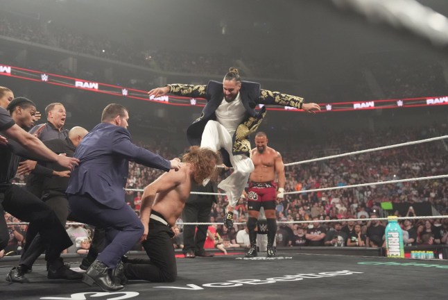 KANSAS CITY, MISSOURI - APRIL 28: Seth Rollins with a curb stomp to Sami Zayn after the match during Monday Night RAW at T-Mobile Center on April 28, 2025 in Kansas City, Missouri. (Photo by Craig Melvin/WWE via Getty Images)