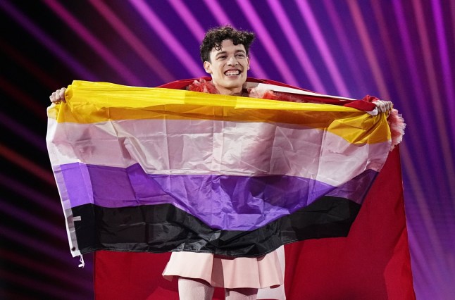 Nemo at Eurovision holding up the non-binary flag which covers most of their body as they smile
