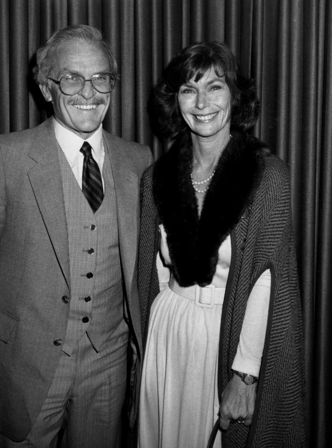 Married American actors Robert Symonds (1926 - 2007) and Priscilla Pointer attend a wrap party for 'Dallas' at the Beverly Hilton Hotel, Beverly Hills, California, February 6, 1982. (Photo by Ron Galella/Ron Galella Collection via Getty Images)