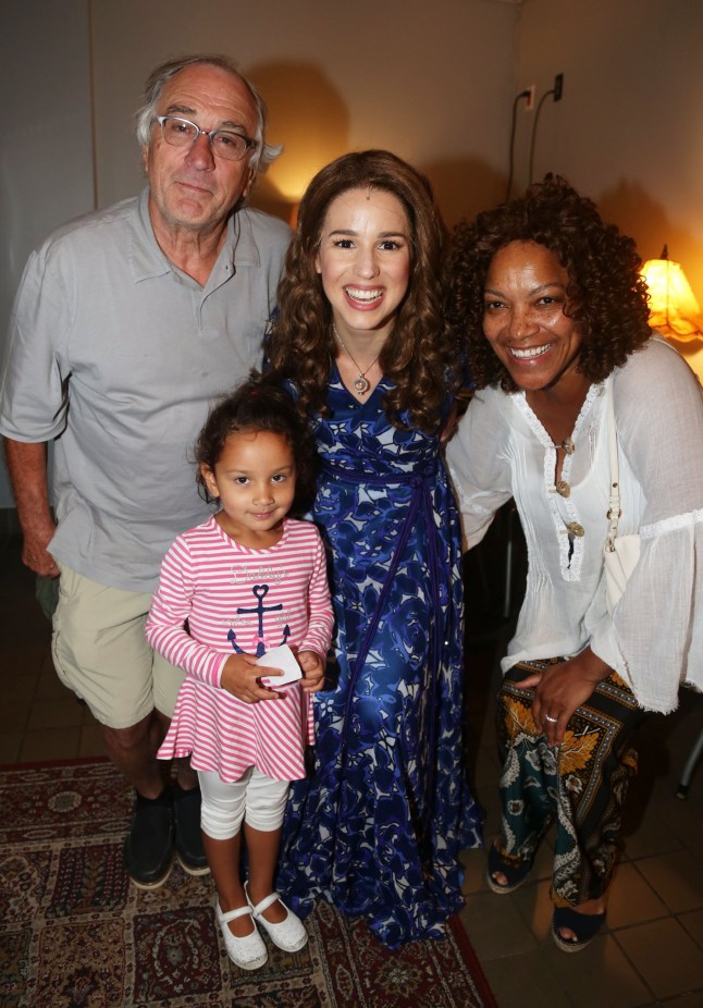 NEW YORK, NY - SEPTEMBER 02: (EXCLUSIVE COVERAGE) (L-R) Robert De Niro, daughter Helen Grace, Chilina Kennedy as "Carole King" and Grace Hightower De Niro pose backstage at the hit Carole King musical "Beautiful" on Broadway at The Stephen Sondheim Theater on September 2, 2015 in New York City. (Photo by Bruce Glikas/FilmMagic)