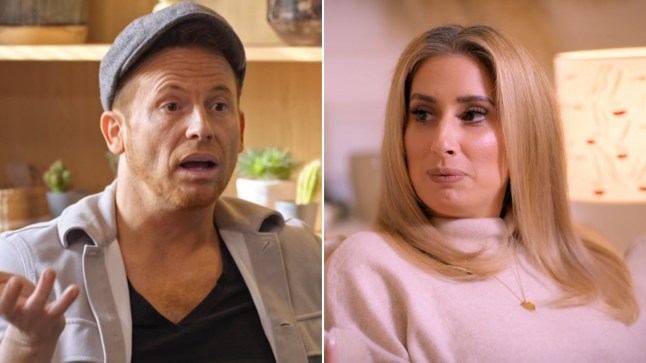 Joe Swash shrugging his shoulders next to Stacey Solomon with pursed lips