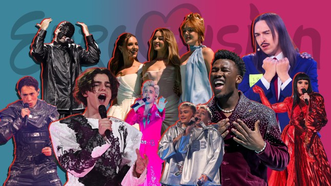 A collage of Eurovision 2025 contestants with the Eurovision logo in the background.