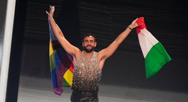 Marco Mengoni of Italy during the flag ceremony before during the Grand Final of the Eurovision Song Contest in Liverpool, England, Saturday, May 13, 2023. (AP Photo/Martin Meissner)