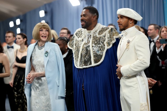 Met Gala Chair Anna Wintour, Met Gala Co-Chair Colman Domingo, and Met Gala Co-Chair Lewis Hamilton pose during the Met Gala, an annual fundraising gala held for the benefit of the Metropolitan Museum of Art's Costume Institute with this year's theme 'Superfine: Tailoring Black Style,' in New York City, New York, U.S., May 5, 2025. REUTERS/Mario Anzuoni