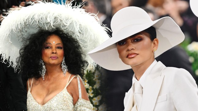 Diana Ross in a crystal embellished gown and large feathered hat and Zendaya in a three -piece white suit and matching wide-brimmed hat at the 2025 Met Gala