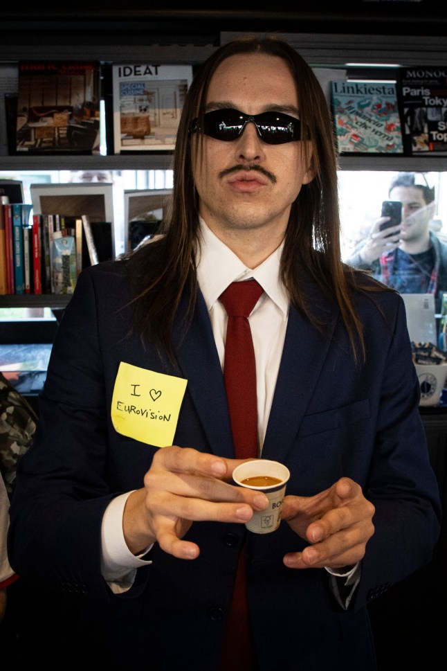 Mandatory Credit: Photo by Marco Ottico/LaPresse/REX/Shutterstock (15277704b) Tommy Cash promotes song Espresso macchiato with Caff? Borbone Milano - Italy - News Wednesday, 30 April, 2025 Tommy Cash Promotes the Song Espresso Macchiato Con Caff? Borbone, Piazza Morbegno, Milan, Italy - 30 Apr 2025