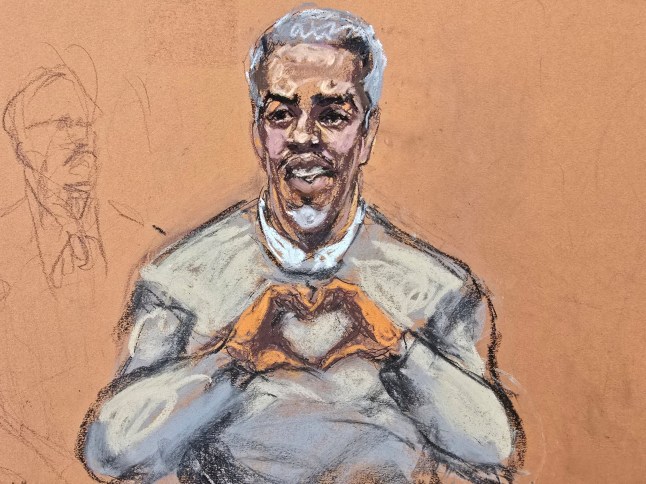 Sean "Diddy" Combs at Combs makes a hand gesture to family members arriving at his sex trafficking trial in New York City, New York, U.S., May 13, 2025 in this courtroom sketch. REUTERS/Jane Rosenberg